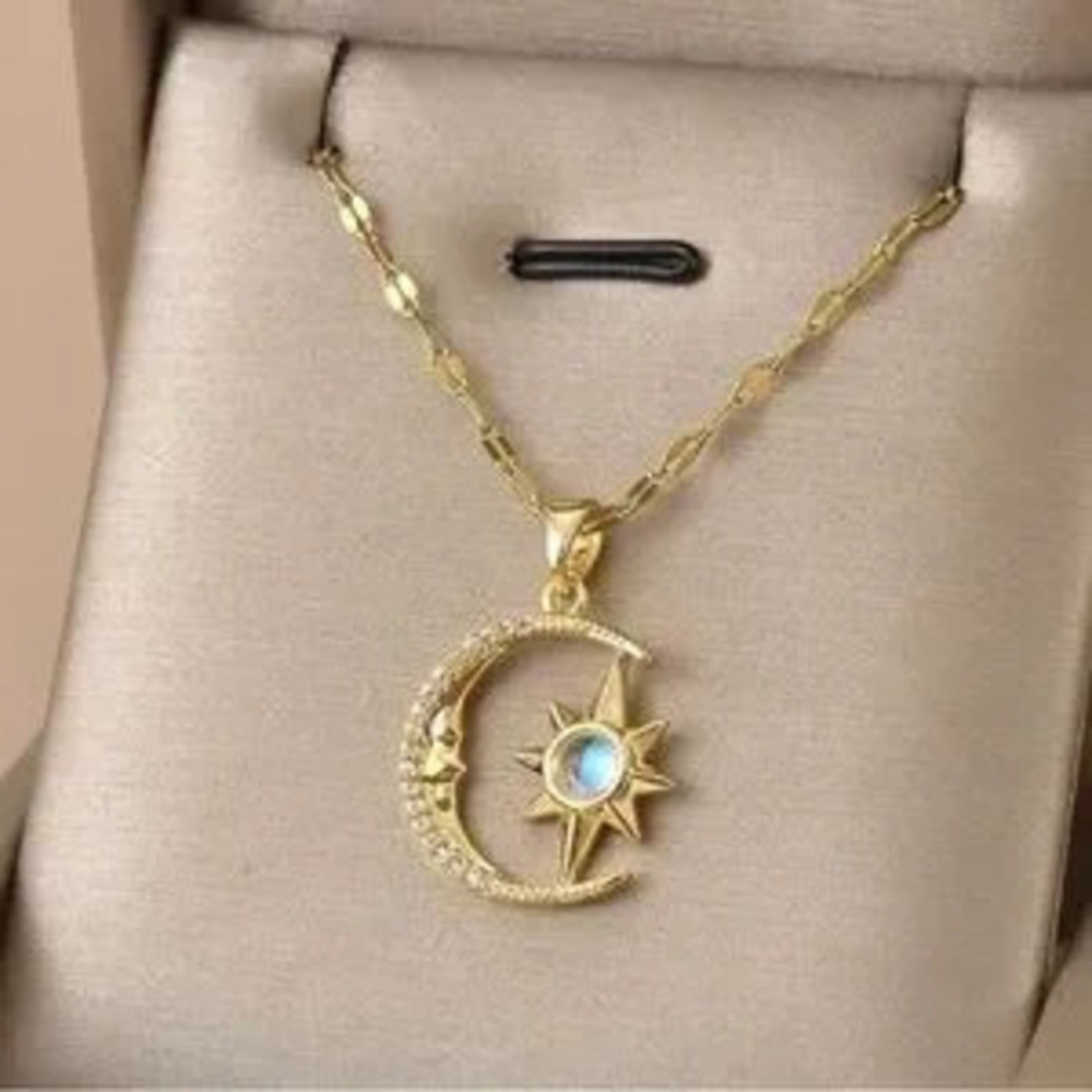 Gold Plated Stainless Steel Moon & Star Rhinestone Pendant Necklace